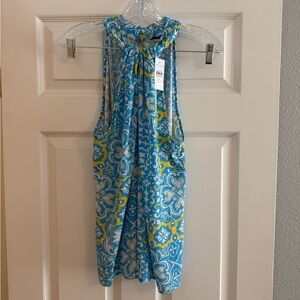 Ann Taylor Blue and Yellow Patterned Sleeveless Blouse